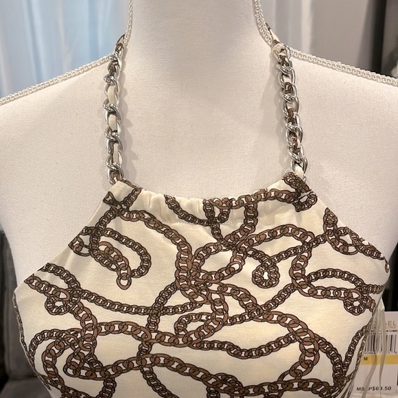 Michael Kors Summer Top. Cream with brown chain design. Size M Ties on neck - Picture 3 of 15